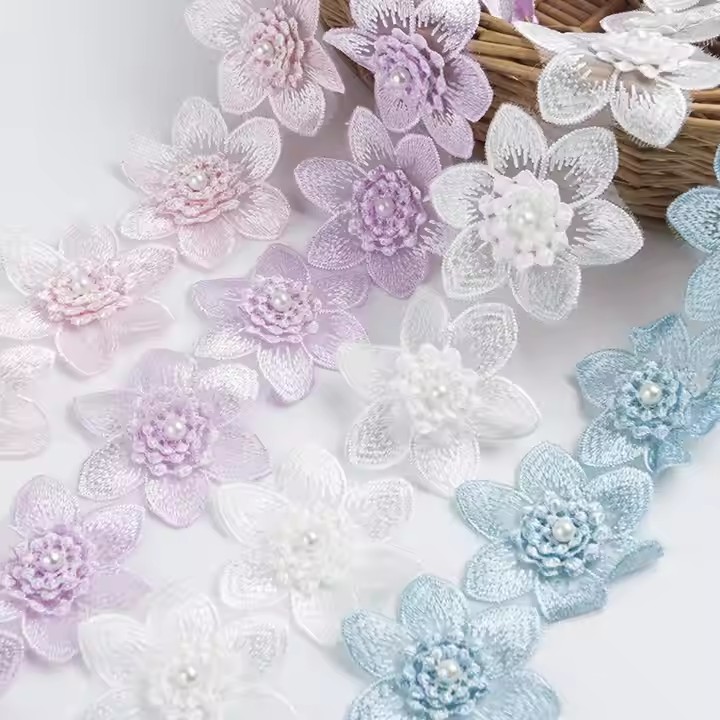 Luxury Hot Sale Embroidery Sequin Lace Mesh Trim Chiffon Flower Trim for DIY Dress
