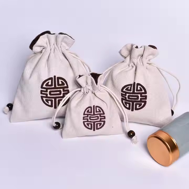 Small Size Eco-Friendly Plain Cotton Canvas Drawstring Cosmetic Bag with Logo for Rings and Earrings