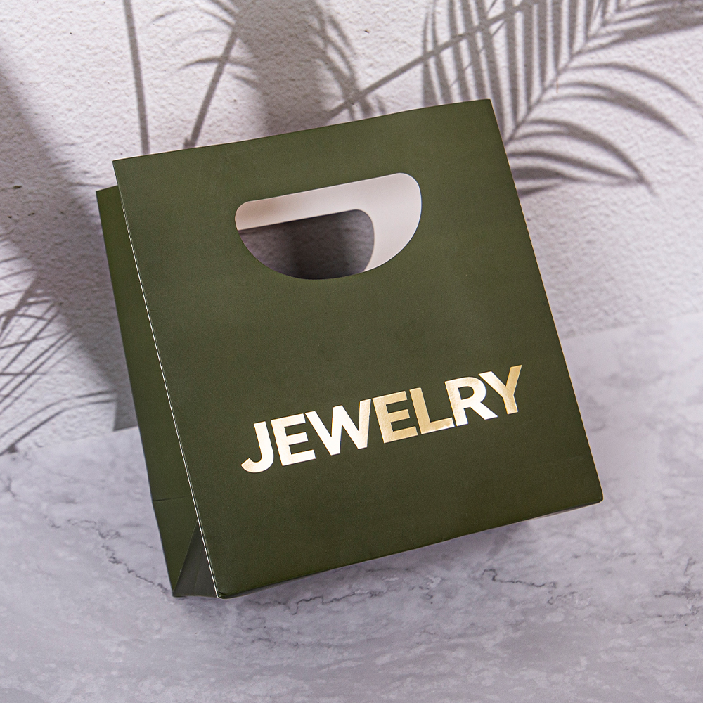 Custom Logo Golden Foil Loop Handle Paper Gift Bag Factory-Built Shopping Bag for Jewelry Glasses Supermarket Use