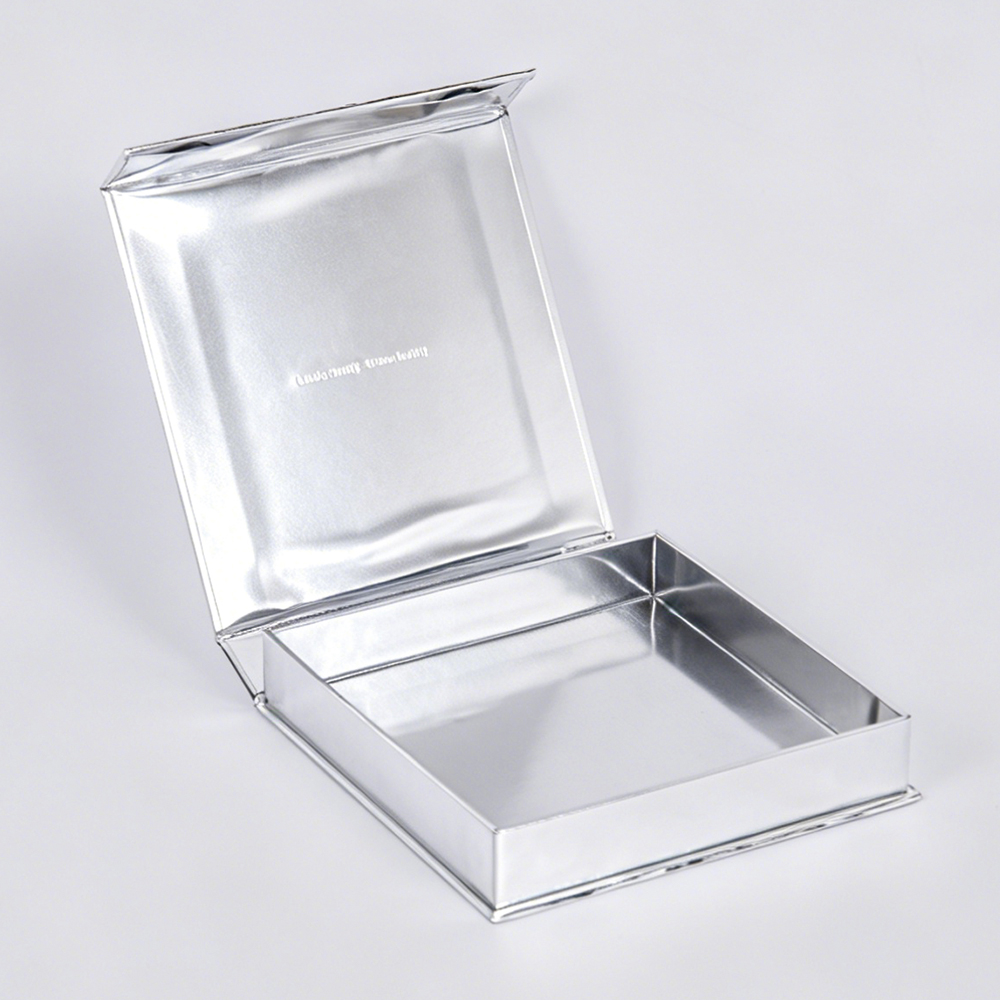 A silver clamshell box that embodies sophistication through minimalist design